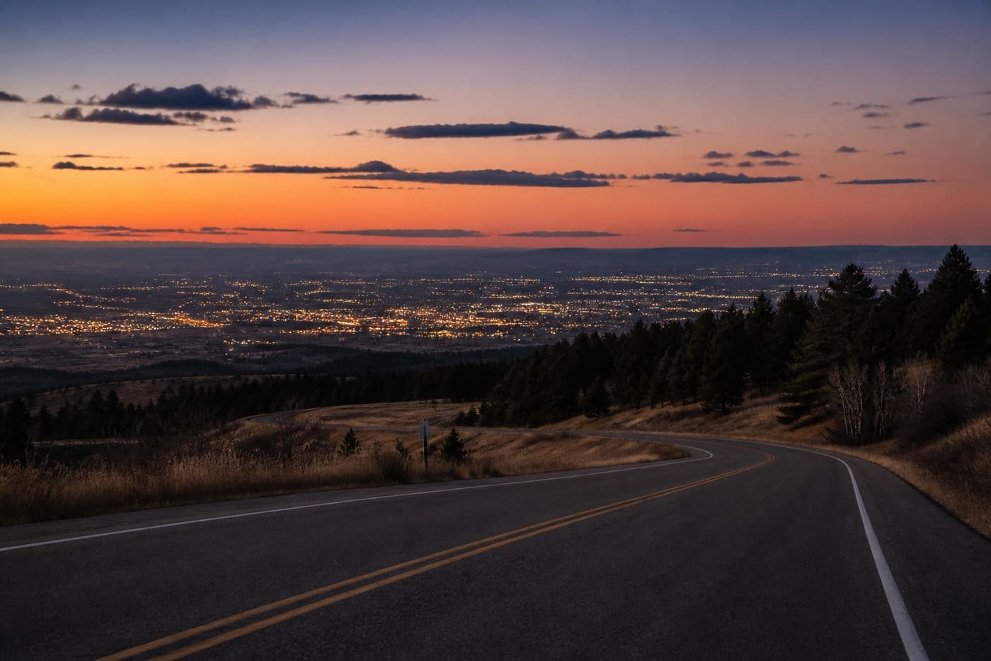 Casper Mountain foothills and an empty two-lane highway at dusk
