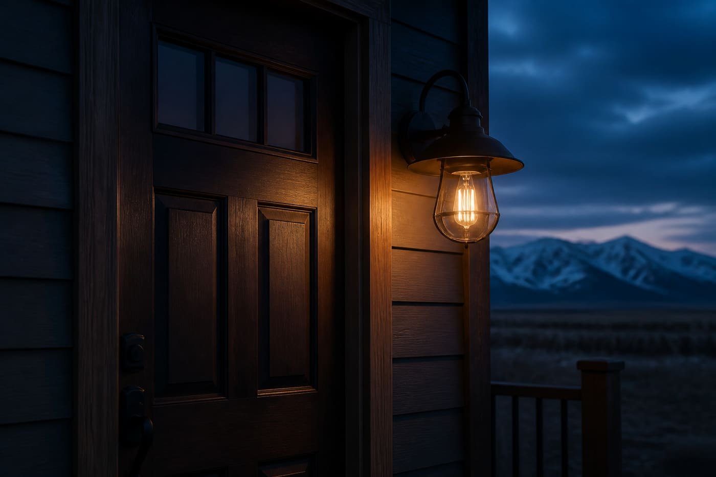 Front door and porch light of a Wyoming house at dusk