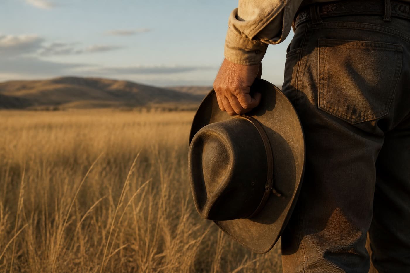 Hands holding a worn hat in golden Wyoming prairie grass