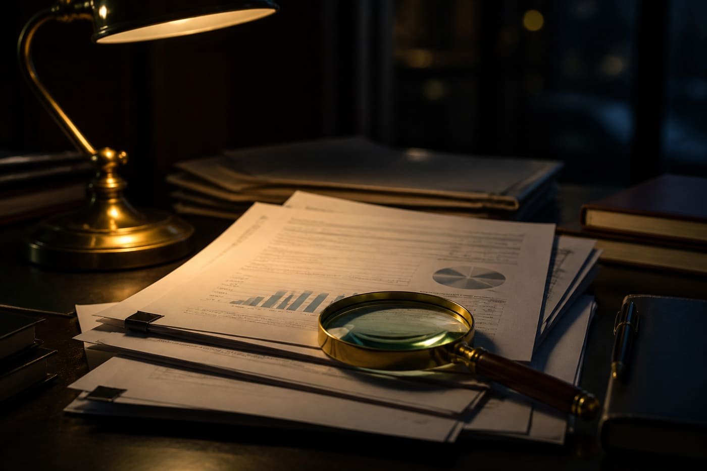 Financial documents on a dark desk under a brass lamp